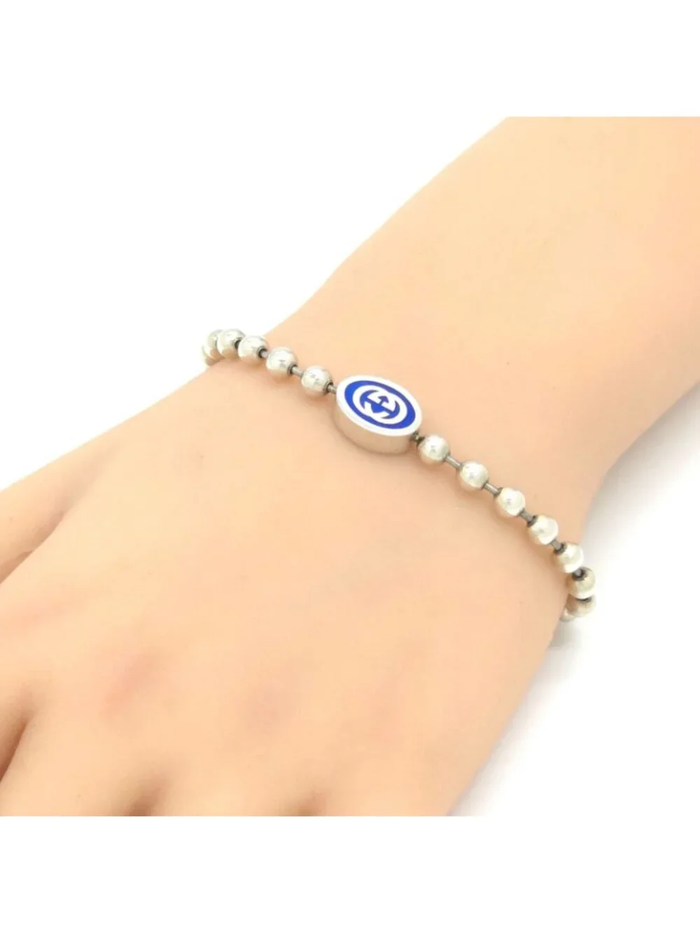 Gucci Interlocking Ball Chain Bracelet 18 17.7 Blue Color Enamel Sterling Silver